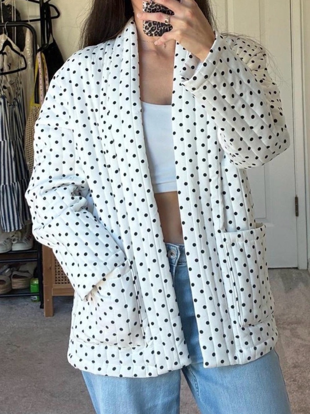 Quilted White Black Polka Dot Kimono Jacket Size XS